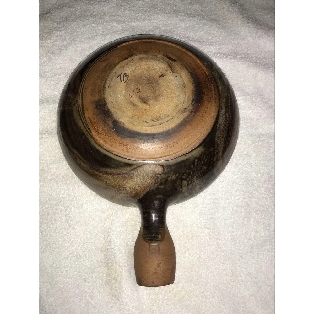 Stoneware Pottery Glazed Pot Bowl‎ with Handle Brown Tan Swirl